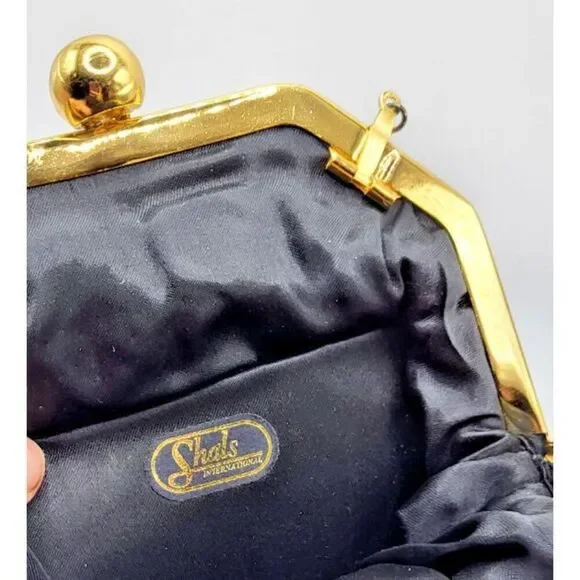 Shals Vintage Black Peau de Soie Clutch Pleated Evening Bag w Chain Strap - Picture 5 of 8